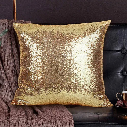 Vista 7 de 2 almohadas decorativas de lentejuelas doradas, 18 x 18 pulgadas, fundas de cojín cuadradas con lentejuelas con purpurina de tela sólida, diseño
