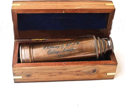 Vista 4 de Telescopio de acabado de cobre vintage con caja de madera regalo marino Londres 1917 instrumento educativo hogar y oficina