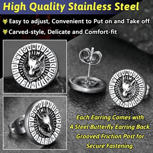 Vista 5 de FaithHeart Aretes de tuerca vikingos nórdicos para hombres y mujeres, de acero inoxidable, con diseño de valknutbrújulanudo celtacabeza de lobo