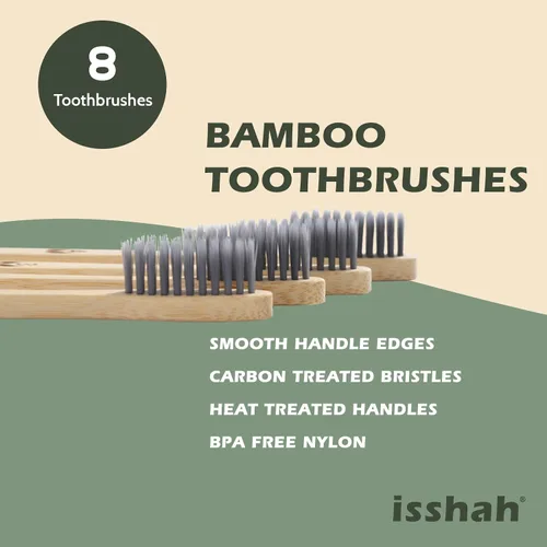 Vista 3 de Isshah - Cepillo de dientes de bambú biodegradable, compostable, ecológico, paquete de 8 FSC certified, PETA approved. Biodegradable, compostable.