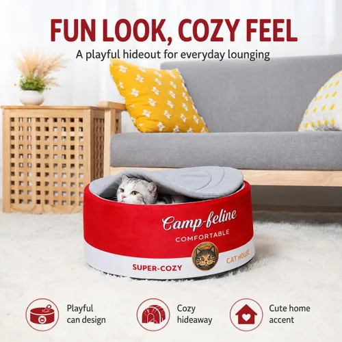 Vista 7 de PECHVINO Cama para gatos en forma de lata con funda de privacidad, cómodo cojín para gatos y perros pequeños