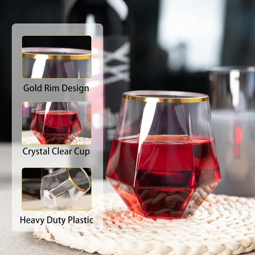 Vista 8 de Lullaby 40 copas de vino de plástico sin tallo de 12 onzas, borde dorado