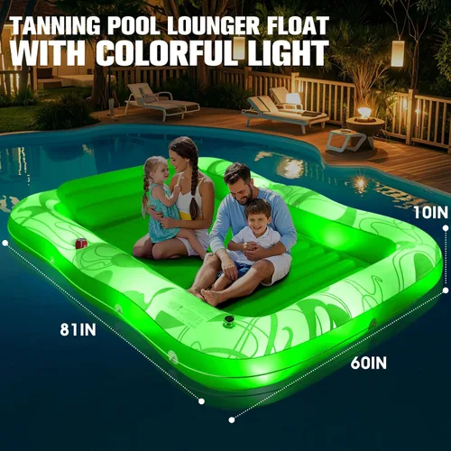 Vista 6 de Tumbona inflable de bronceado con luces, flotadores grandes de 81 x 60 pulgadas para adultos, tumbona de piscina, cama de agua de bronceado inflable