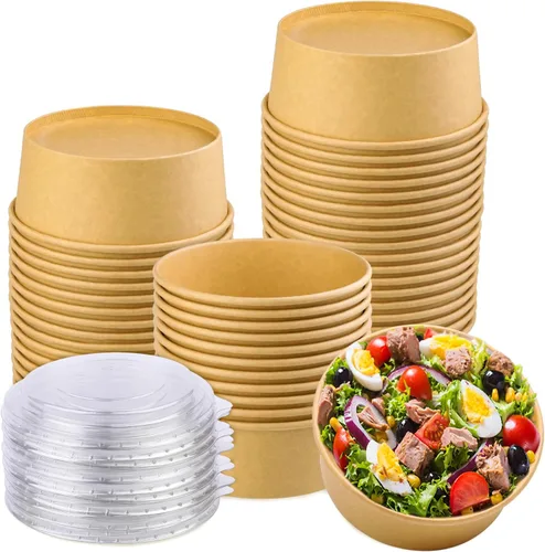 Vista 8 de Paquete de 50 cuencos de papel kraft de 17 onzas con tapas, cuencos desechables para sopa caliente, cuencos de papel con tapas, contenedor