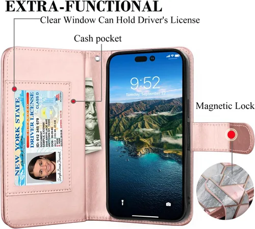 Vista 3 de Funda tipo cartera para iPhone 15 Plus, para iPhone 15 Plus, funda de piel sintética para tarjetas de crédito [9 ranuras para tarjetas] Funda