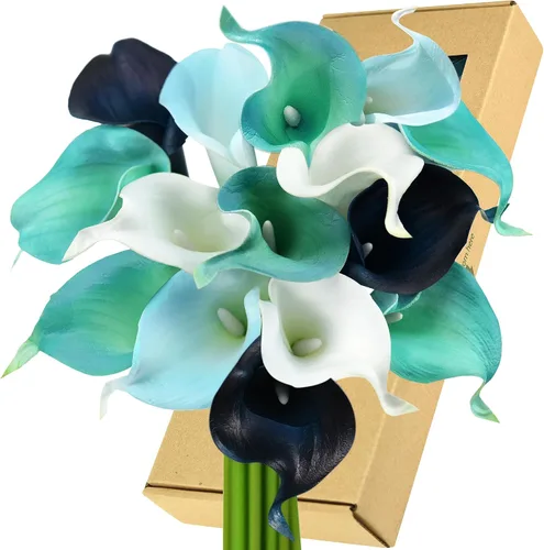 Vista 15 de FiveSeasonStuff Real Touch - Ramo de flores artificiales de lirio de cala para novia, arreglos florales, 15 lirios de cala (azul cerúleo)