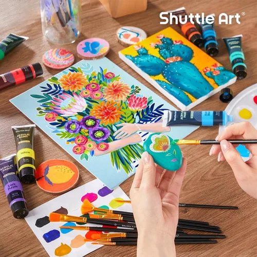 Vista 8 de Shuttle Art Juego de 48 pinturas acrílicas, 30 colores de pintura acrílica (36ml) con 10 pinceles, 5 lienzos, 1 cuchillo de pintura, 1 paleta, 1