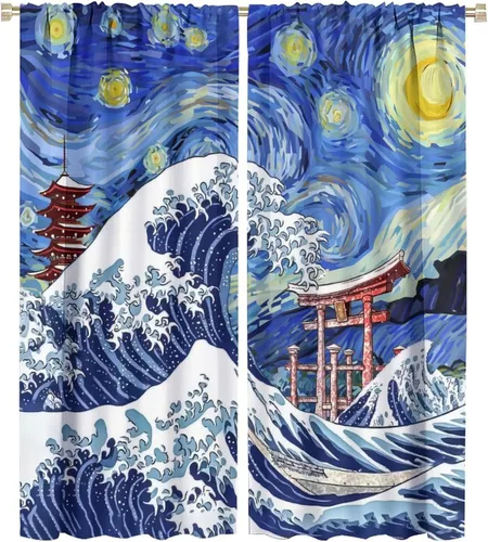 Vista 27 de Cortinas opacas con bolsillo para barra de arte asiático japonés para dormitorio, diseño de anime azul, océano, fantasía, cielo estrellado, Torii