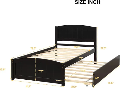 Vista 2 de Merax Cama de plataforma de madera tamaño individual, marco de cama con cama nido, no requiere somier, color espresso