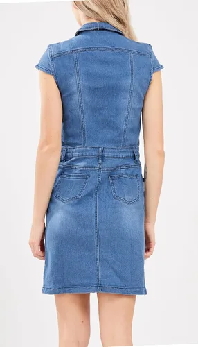 Vista 2 de chouyatou Vestido de mezclilla con solapa de 12 botón para mujer, con manga casquillo