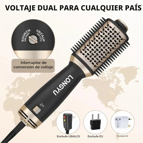 Vista 3 de Longyu Cepillo secador de pelo de doble voltaje de viaje, mini cepillo de aire caliente con enchufe europeo de 110 V-240 V, secador de pelo de un