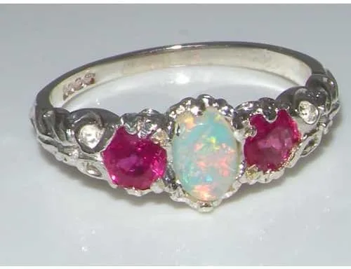 Vista 4 de Anillo de plata de ley 925 auténtico ópalo y rubí para mujer