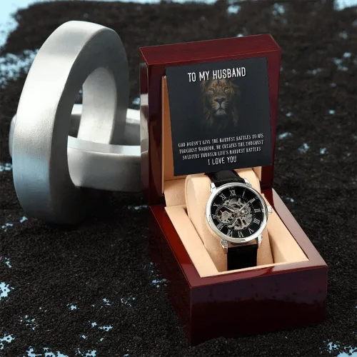 Vista 3 de Reloj To My Husband Regalo para el día del padre Regalo para marido de esposa Wife Loves Husband Reloj calado de lujo para hombre con caja