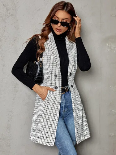 Vista 4 de Floerns Chaqueta de chaleco sin mangas con cuello de solapa para mujer con estampado a cuadros
