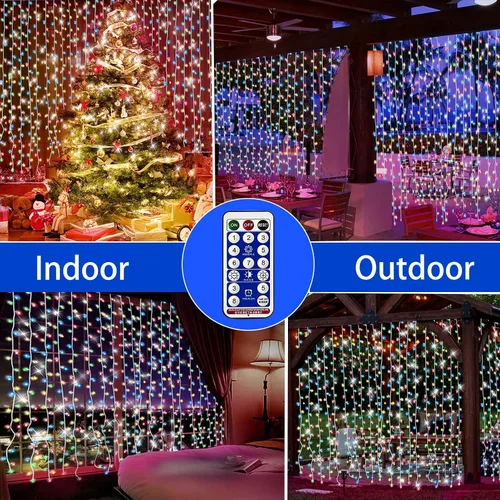 Vista 7 de Luces solares de cortina con control remoto, luces de jardín al aire libre, 300 LED, 8 modos, control remoto, impermeable, cascada solar, guirnalda