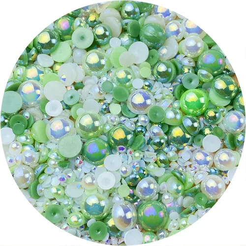 Vista 29 de Cuentas de resina con diamantes de imitación, mitad redonda, cuentas de perlas planas de 30 g, cuentas de media perla con diamantes de imitación
