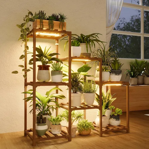 Vista 24 de Bamworld - Soporte esquinero para plantas de interior y exterior, mesa pequeña para varias plantas, estante de madera para jardín, patio, césped