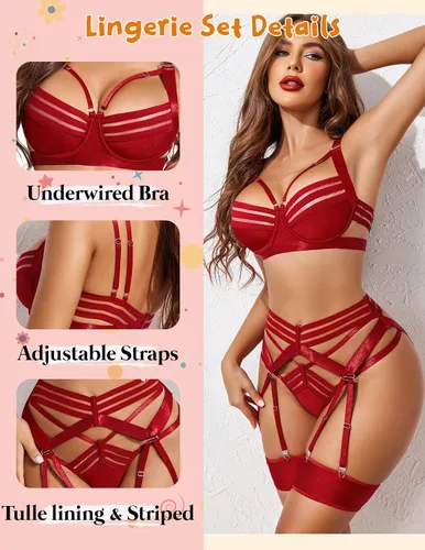 Vista 3 de Avidlove Conjunto de lencería para mujer, lencería sexy con tirantes delgados con aros y brasier push-up con soporte de liga