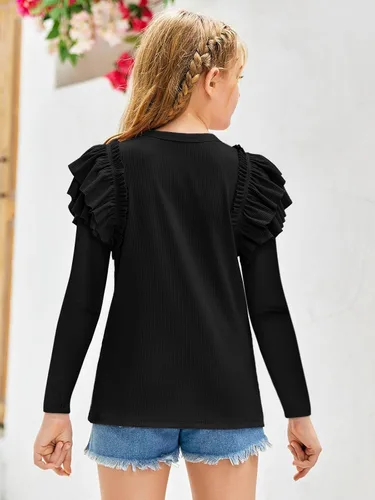 Vista 5 de rrhss Camisas de manga larga con volantes para niñas, con cuello redondo, de punto acanalado