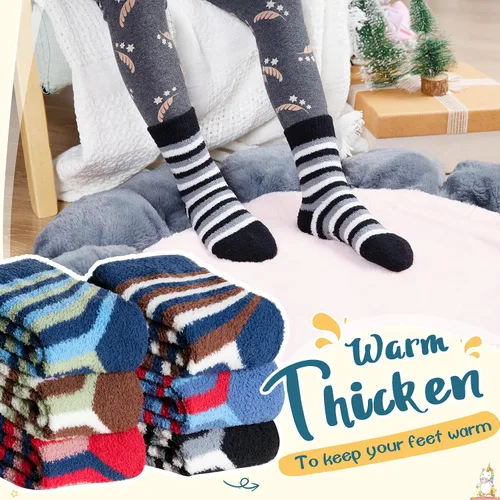 Vista 2 de Eyean Calcetines peludos para niños, antideslizantes, suaves y esponjosos, calcetines cálidos de felpa acogedora para niños y niñas, 6 pares