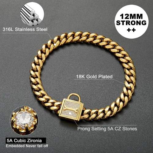 Vista 4 de Collar de cadena para perro con cierre de circonita de 0.472 in, cadena de eslabones cubanos de oro de 18 quilates, acero inoxidable, collar de lujo