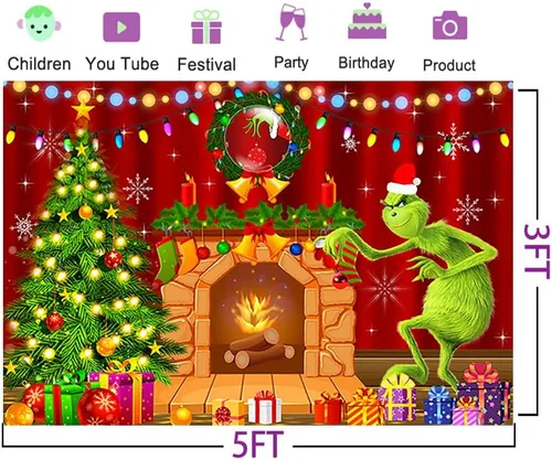 Vista 2 de Fondo de chimenea de dibujos animados para suministros de fiesta de Navidad, 5 x 3 pies, fondo de fotos de Navidad de Grinch, telón de fondo