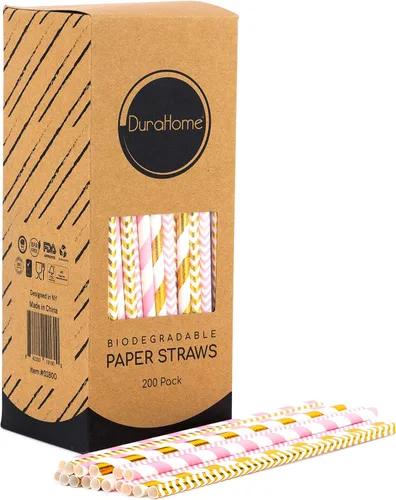 Vista 3 de DuraHome - Paquete de 200 pajitas de papel biodegradables con diseño de rayas doradas y rosas de 8.25 pulgadas para uso diario, fiesta de Dorado