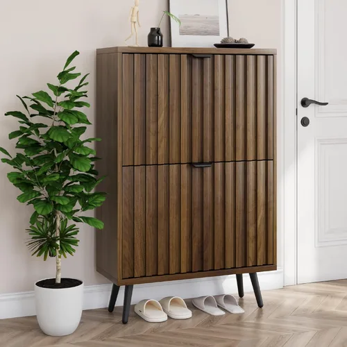 Vista 9 de Smuxee Armario de zapatos con 2 cajones abatibles, gabinete de almacenamiento de zapatos oculto natural de 23.6 pulgadas con diseño estriado