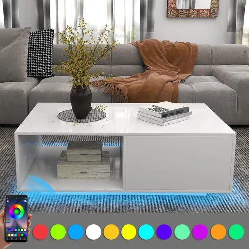 Vista 3 de Mesa de centro LED blanca para sala de estar con cajón y 16 luces de colores, mesa de centro moderna de alto brillo de 43.3 pulgadas con espacio