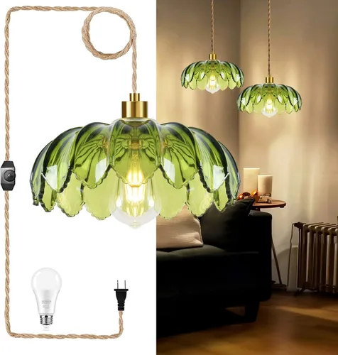 Vista 10 de Lámpara colgante de ratán para enchufar, con cable de enchufe, lámpara colgante de bambú regulable, tejida a mano estilo bohemio, pantalla