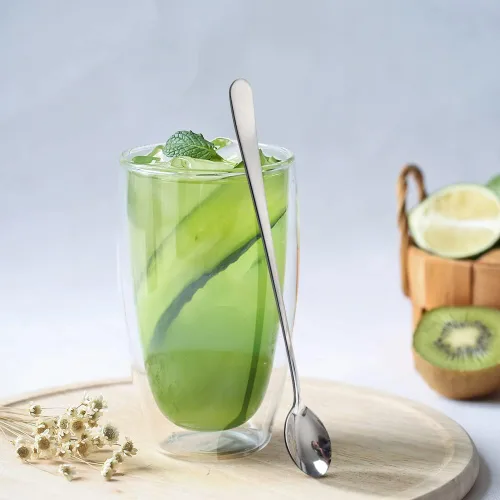 Vista 6 de IQCWOOD Cucharas de té helado de mango largo, cucharas de café de acero inoxidable para mezclar cócteles, juego de 4