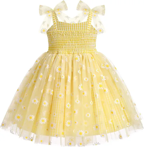 Vista 2 de ODASDO Vestido de fiesta de cumpleaños para niñas pequeñas, con lazo, tirantes delgados, tutú de tul, vestido de princesa, concurso de fiesta