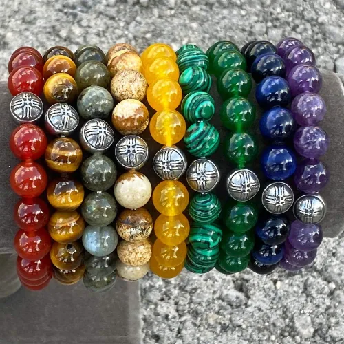 Vista 4 de Forziani 10mm Spiritual Beads Amethyst Bracelet for Men - Natural Stone and Trident Symbol Beaded Bracelet - Peace and Spirituality - Made in USA