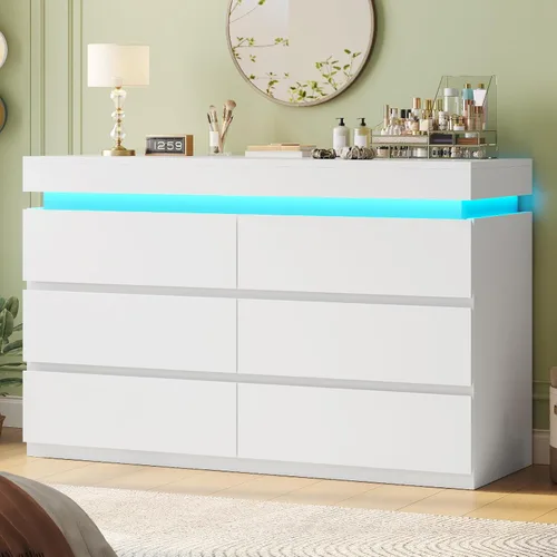 Vista 8 de HAUOMS Cómoda alta de 6 cajones con luz LED, cómoda moderna negra para dormitorio, armarios con cajones para sala de estar, entrada, pasillo