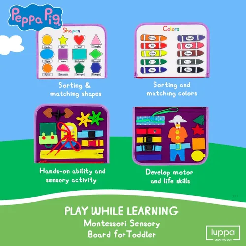 Vista 3 de Peppa Pig Tablero Ocupado para Niños Pequeños – Juguetes Montessori para niños de 1, 2, 3, 4 años, Tablero Sensorial de Actividad Educativa
