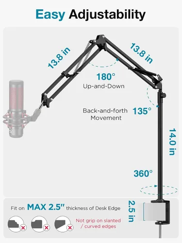 Vista 5 de InnoGear Soporte de micrófono de escritorio, brazo articulado aéreo giratorio 360° para micrófono con elevación alta para Blue Yeti Snowball HyperX