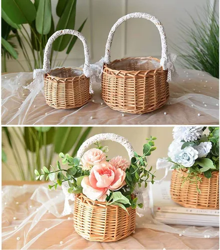 Vista 5 de Cesta de mimbre de ratán para flores, juego de 2 cestas de boda para niña, cesta tejida a mano de sauce con asas e inserto de plástico, cesta