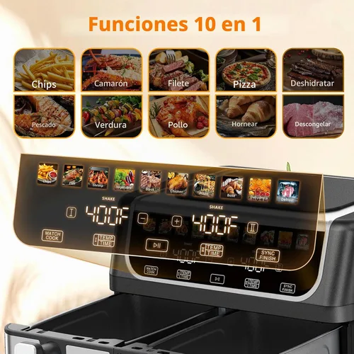 Vista 3 de DUMOS Freidora de aire doble con 2 canastas, freidora de aire grande 10 en 1 de 9 cuartos con placa de cerámica para verduras, acabado de Negro