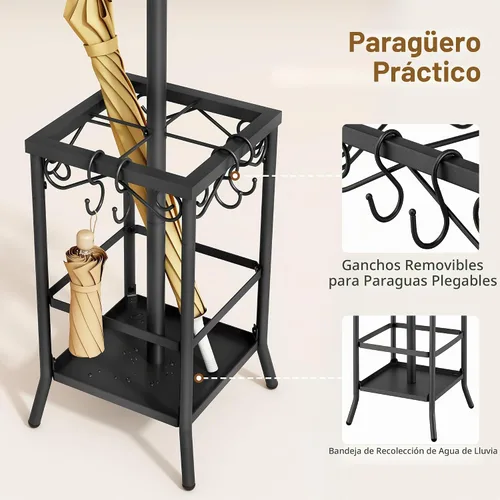 Vista 4 de Hoctieon Perchero independiente, Perchero con soporte para paraguas, perchero de metal con 12 ganchos, soporte para colgar abrigos de pie, soporte