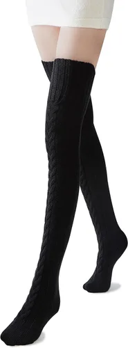 Vista 2 de Pcavin Calcetines altos hasta el muslo para mujer, por encima de la rodilla, calcetines de punto trenzado, calentadores de piernas largos y cálidos