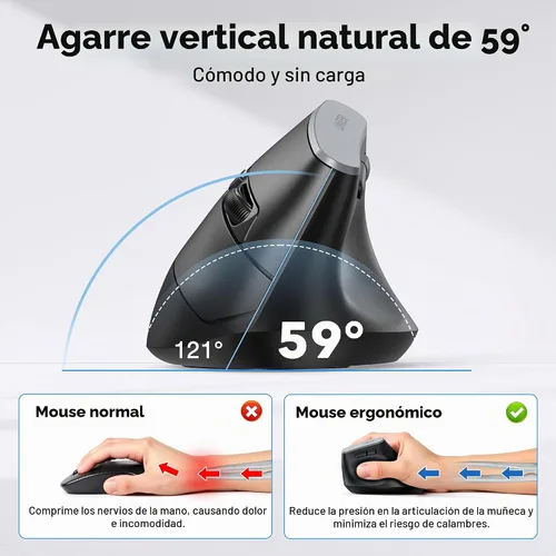 Vista 2 de Uineer Ratón ergonómico Bluetooth 5.0/4.0, mouse inalámbrico vertical de 2.4 GH, con receptor USB-A, alimentado por batería, conectividad de 3