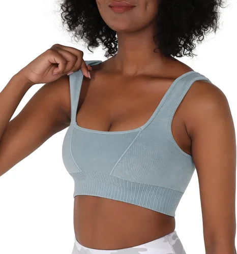 Vista 3 de ODODOS Sujetador deportivo sin costuras con cuello cuadrado para mujer, camiseta sin mangas acanalada, casual, espalda baja