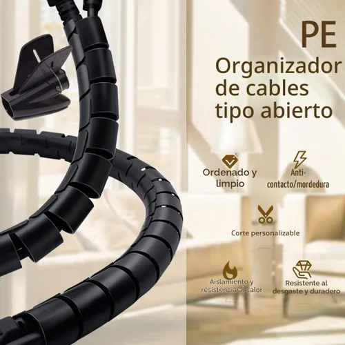 Vista 4 de Funda negra para organizar cables de computadora, organizador de cables debajo del escritorio, 7/8 pulgadas a 5 pies, fácil de instalar, solución