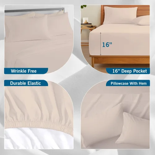 Vista 5 de Saaz Linen Juego de sábanas de 4 piezas, 100% algodón egipcio de 1000 hilos, bolsillo profundo de 16 pulgadas, suave, colección de ropa de cama