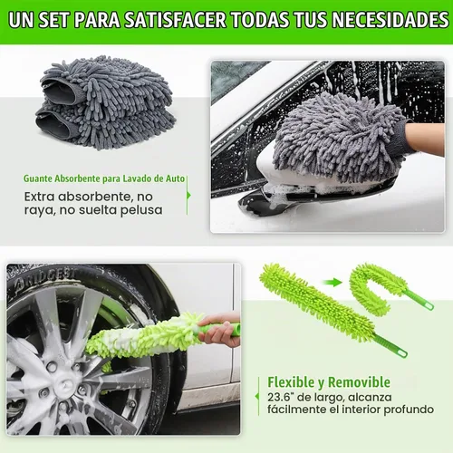 Vista 6 de Juego de 62" de cepillo de lavado de coche con mango largo, manopla de microfibra de chenilla, kits de limpieza para parabrisas, limpiaparabrisas