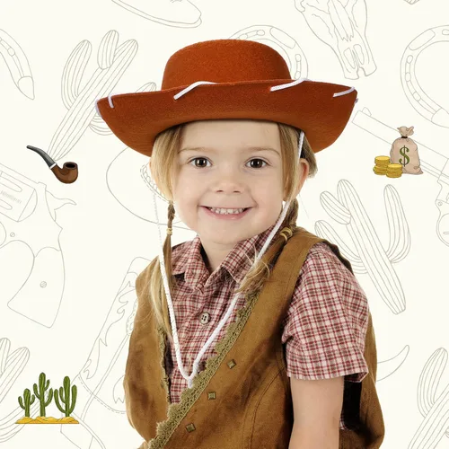 Vista 7 de Coume 20 sombreros de vaquero para niños, sombreros de fieltro para disfraz de cumpleaños de Halloween del oeste (marrón)
