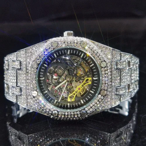 Vista 2 de ICEDIAMOND 43MM Iced Out Openwork Mechanical Automatic Wrist Watch, Full Shiny CZ Diamond Hand-Winding Skeleton Dial Luxury Watch for Men
