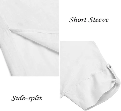 Vista 6 de COOFANDY - Bata de cuello en V de lino para hombre, manga corta, kaftán, thobe, túnica larga, camisa casual para playa, verano 01-Blanco