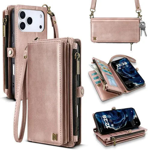 Vista 46 de Funda tipo cartera para iPhone 16 Pro Max con 8 tarjeteros, bloqueo RFID, piel sintética, función atril, abatible, correa de muñeca y correa