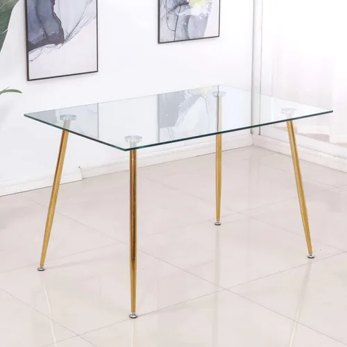Vista 9 de Mesa de comedor rectangular de vidrio con patas doradas, mesa de cocina moderna de 47 pulgadas, rectangular, mesa de comedor cuadrada para 4